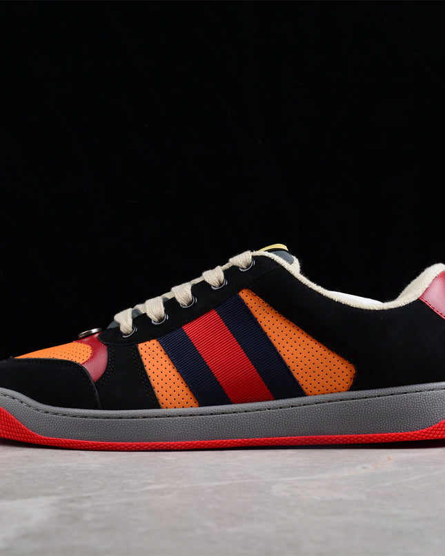 Gucci Orange-Red Perforated Sneaker with Navy Web Stripe
