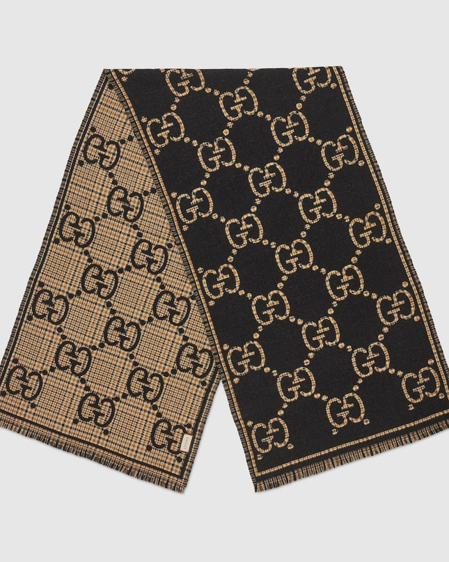 Gucci Oversized Check GG Wool Jacquard Scarf – Black & Beige