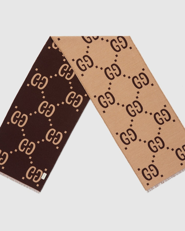 Gucci Oversized GG Jacquard Wool Silk Scarf – Brown & Beige