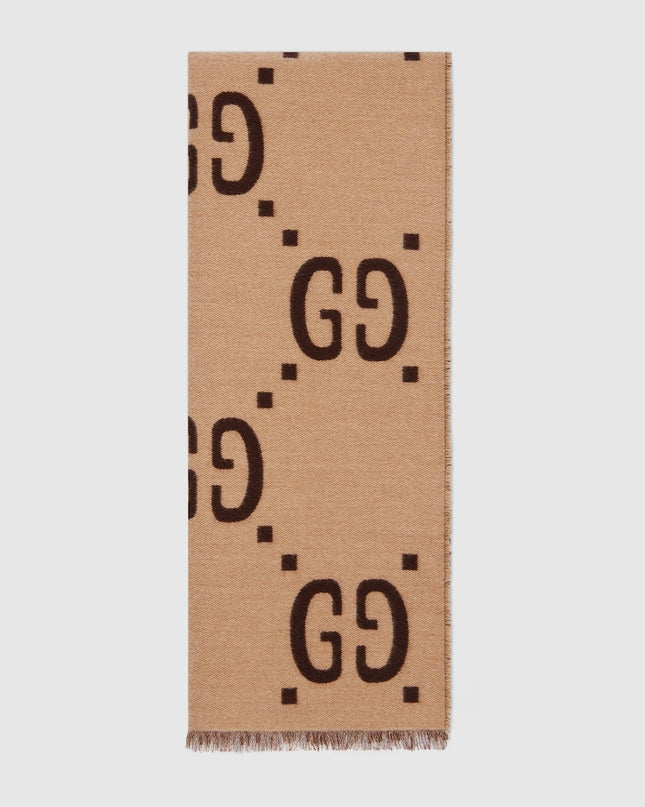 Gucci Oversized GG Jacquard Wool Silk Scarf – Brown & Beige