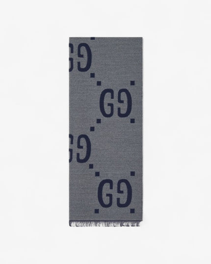 Gucci Oversized GG Jacquard Wool Silk Scarf – Light Grey & Dark Blue