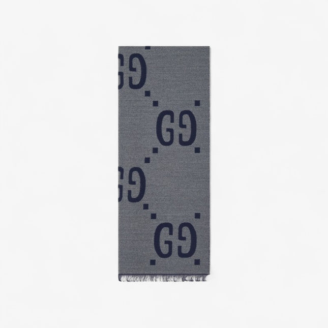Gucci Oversized GG Jacquard Wool Silk Scarf – Light Grey & Dark Blue
