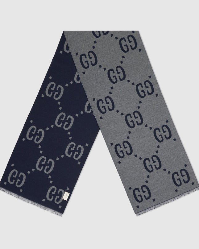 Gucci Oversized GG Jacquard Wool Silk Scarf – Light Grey & Dark Blue