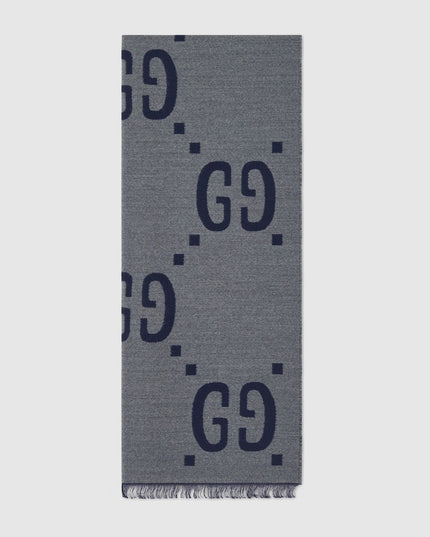 Gucci Oversized GG Jacquard Wool Silk Scarf – Light Grey & Dark Blue