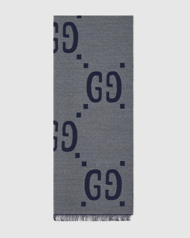 Gucci Oversized GG Jacquard Wool Silk Scarf – Light Grey & Dark Blue
