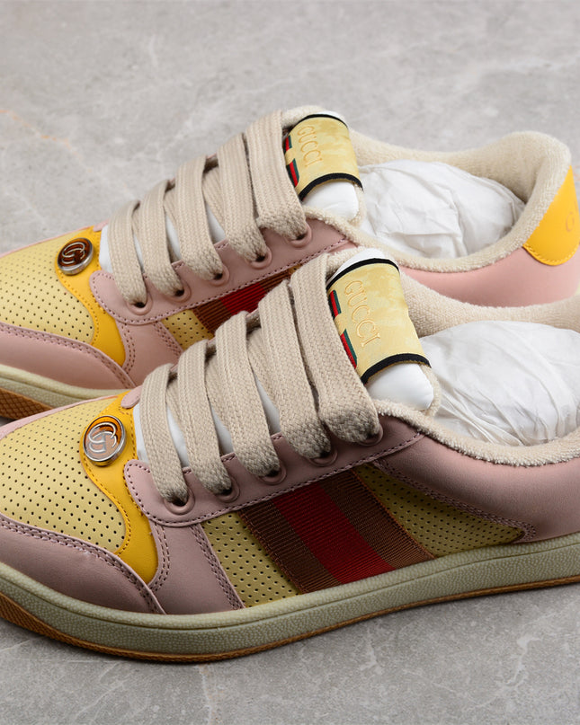 Gucci Pink-Yellow Retro Sneaker with Red Web Stripe
