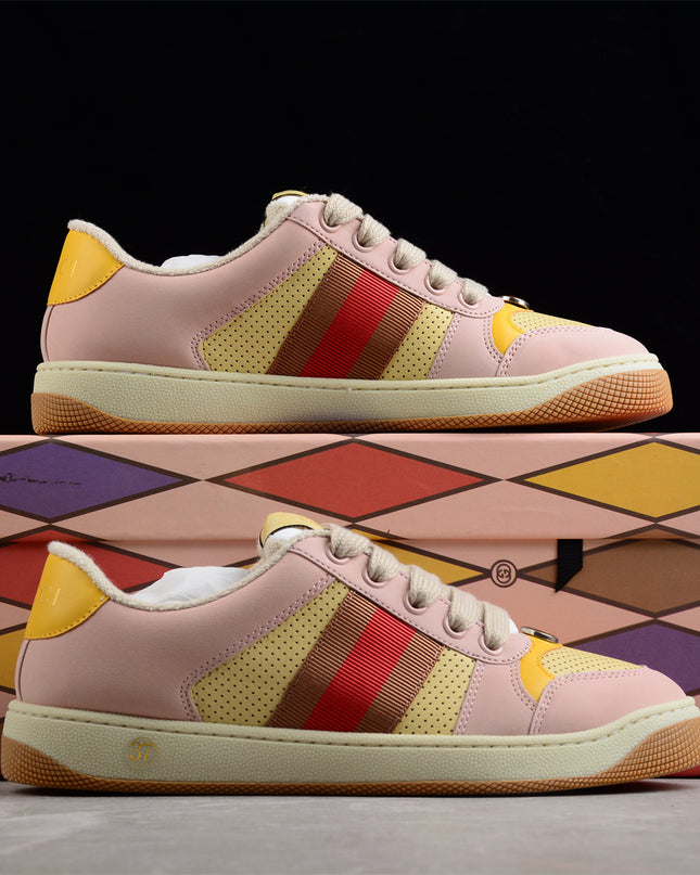 Gucci Pink-Yellow Retro Sneaker with Red Web Stripe