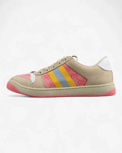 Gucci Pink GG Monogram Sneaker with Yellow-Blue Web Stripe