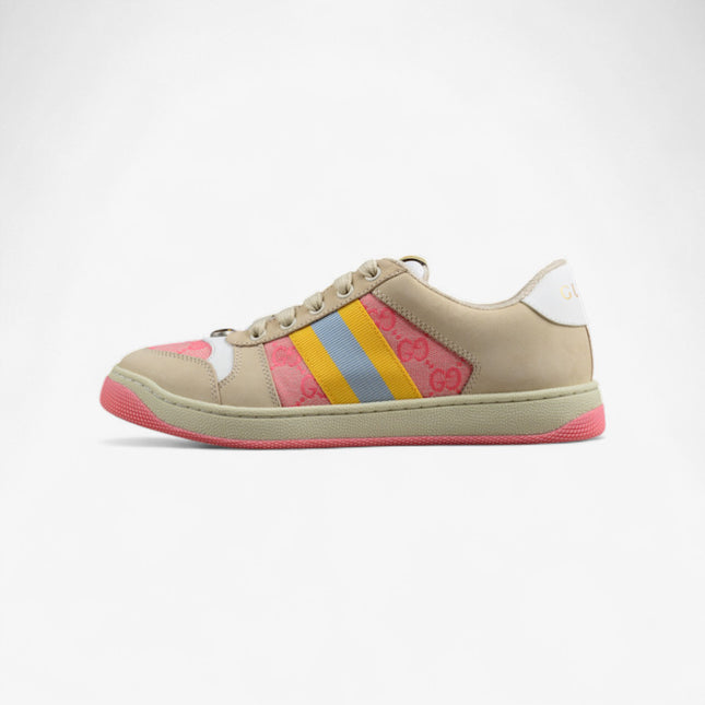 Gucci Pink GG Monogram Sneaker with Yellow-Blue Web Stripe