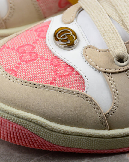 Gucci Pink GG Monogram Sneaker with Yellow-Blue Web Stripe