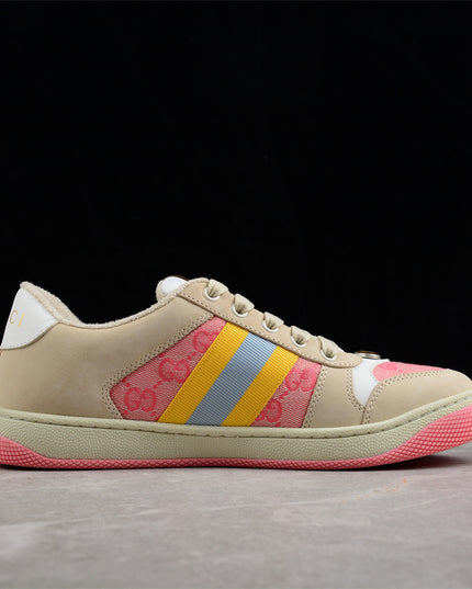 Gucci Pink GG Monogram Sneaker with Yellow-Blue Web Stripe