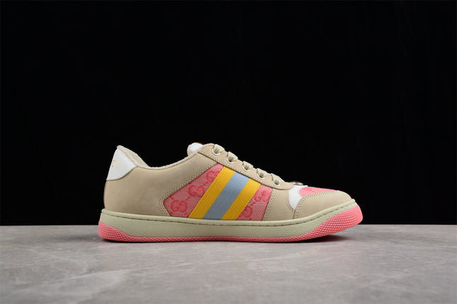 Gucci Pink GG Monogram Sneaker with Yellow-Blue Web Stripe