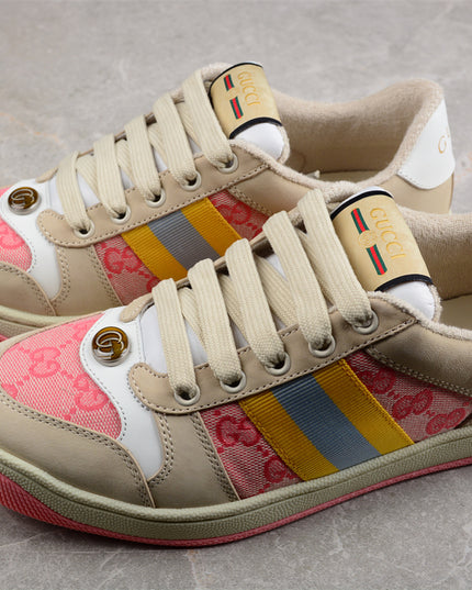 Gucci Pink GG Monogram Sneaker with Yellow-Blue Web Stripe