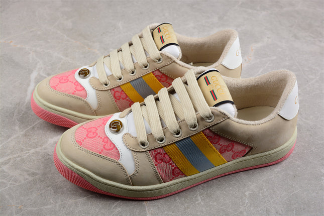 Gucci Pink GG Monogram Sneaker with Yellow-Blue Web Stripe