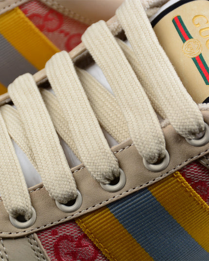 Gucci Pink GG Monogram Sneaker with Yellow-Blue Web Stripe