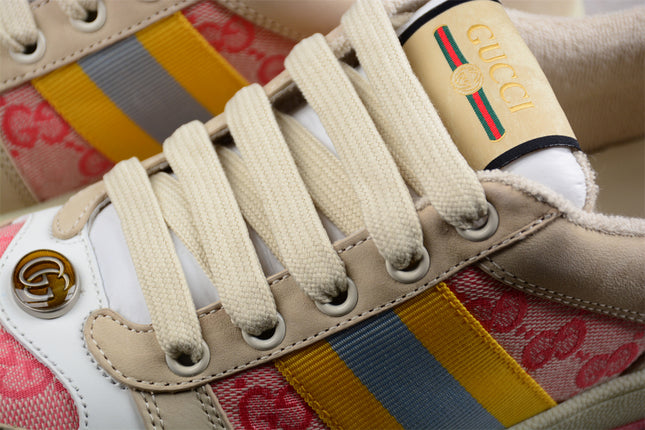 Gucci Pink GG Monogram Sneaker with Yellow-Blue Web Stripe