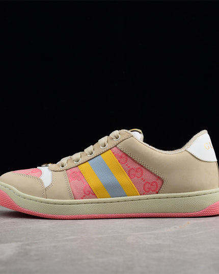 Gucci Pink GG Monogram Sneaker with Yellow-Blue Web Stripe