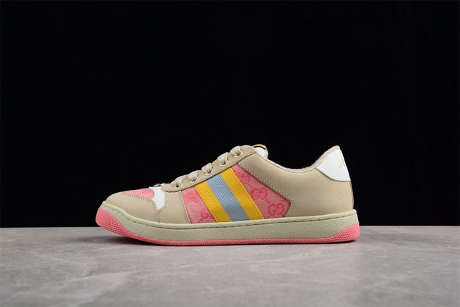 Gucci Pink GG Monogram Sneaker with Yellow-Blue Web Stripe