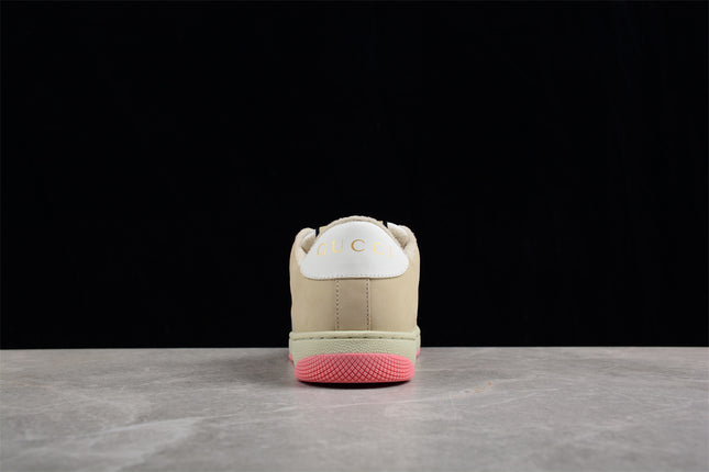 Gucci Pink GG Monogram Sneaker with Yellow-Blue Web Stripe