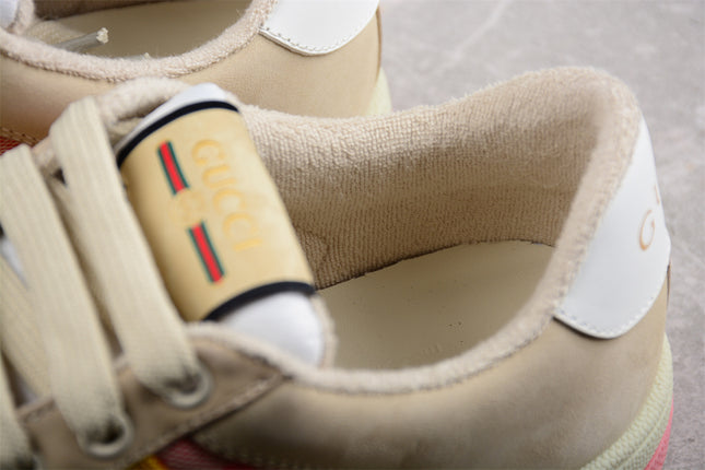 Gucci Pink GG Monogram Sneaker with Yellow-Blue Web Stripe