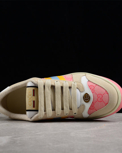 Gucci Pink GG Monogram Sneaker with Yellow-Blue Web Stripe