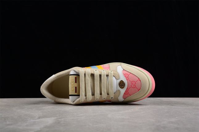 Gucci Pink GG Monogram Sneaker with Yellow-Blue Web Stripe