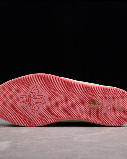 Gucci Pink GG Monogram Sneaker with Yellow-Blue Web Stripe