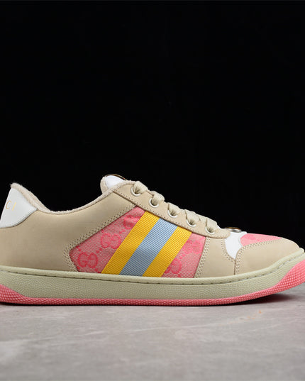 Gucci Pink GG Monogram Sneaker with Yellow-Blue Web Stripe