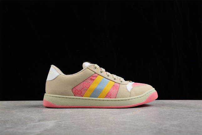 Gucci Pink GG Monogram Sneaker with Yellow-Blue Web Stripe