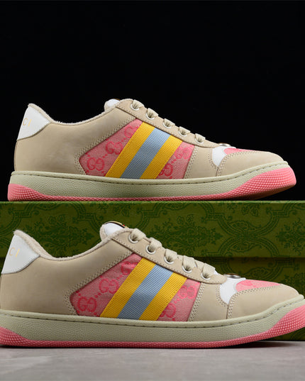 Gucci Pink GG Monogram Sneaker with Yellow-Blue Web Stripe