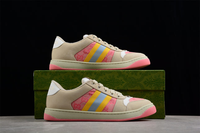 Gucci Pink GG Monogram Sneaker with Yellow-Blue Web Stripe