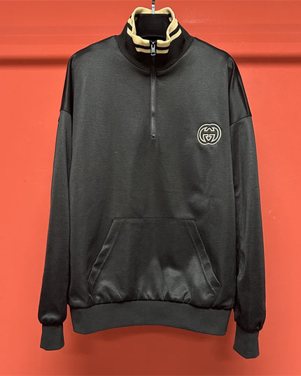 Gucci Quarter-Zip High Collar Sweatshirt – Black with Beige Stripe
