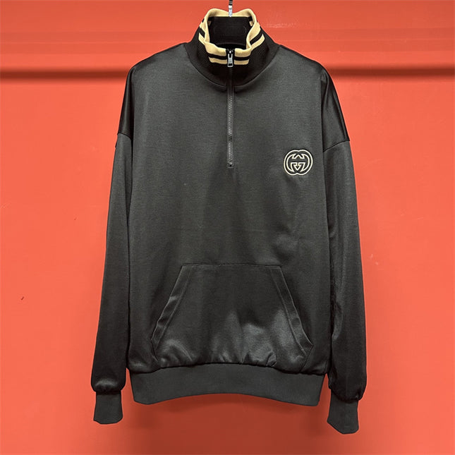 Gucci Quarter-Zip High Collar Sweatshirt – Black with Beige Stripe