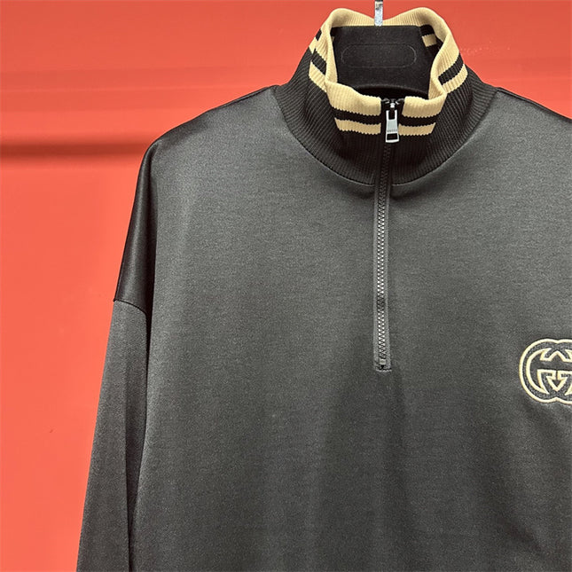 Gucci Quarter-Zip High Collar Sweatshirt – Black with Beige Stripe