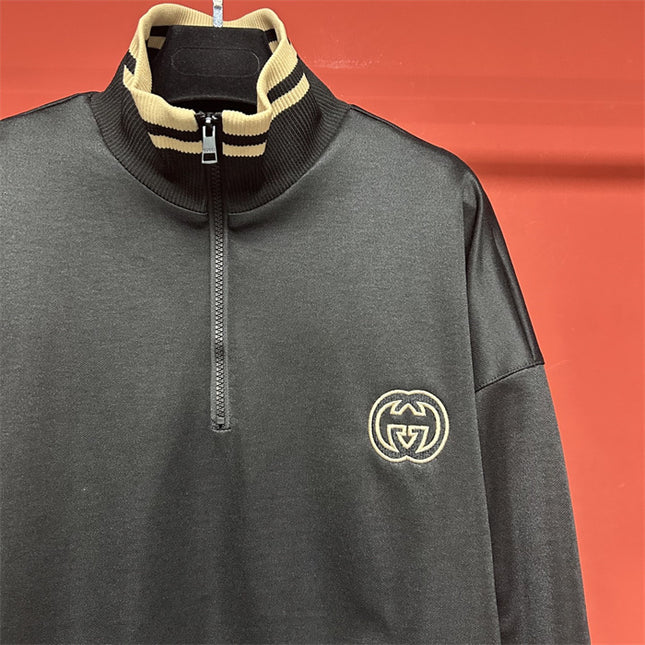 Gucci Quarter-Zip High Collar Sweatshirt – Black with Beige Stripe