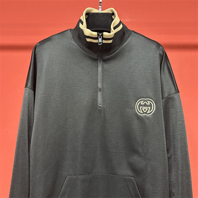 Gucci Quarter-Zip High Collar Sweatshirt – Black with Beige Stripe