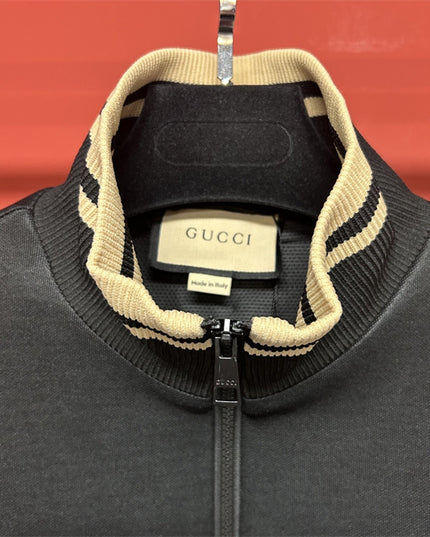 Gucci Quarter-Zip High Collar Sweatshirt – Black with Beige Stripe