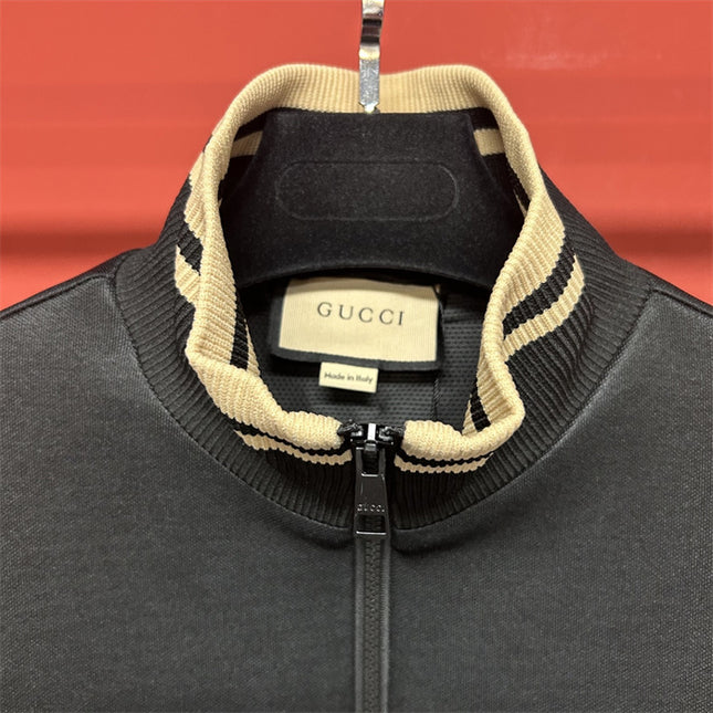 Gucci Quarter-Zip High Collar Sweatshirt – Black with Beige Stripe