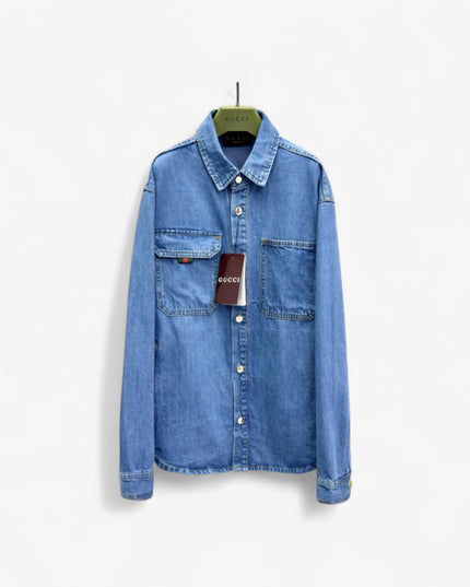 Gucci Relaxed Fit Denim Shirt with Web Loop Jackets (Blue)