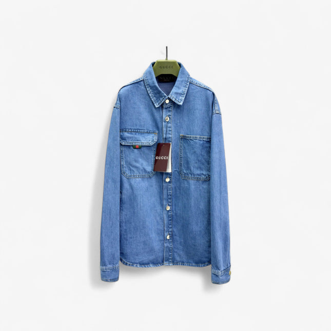 Gucci Relaxed Fit Denim Shirt with Web Loop Jackets (Blue)