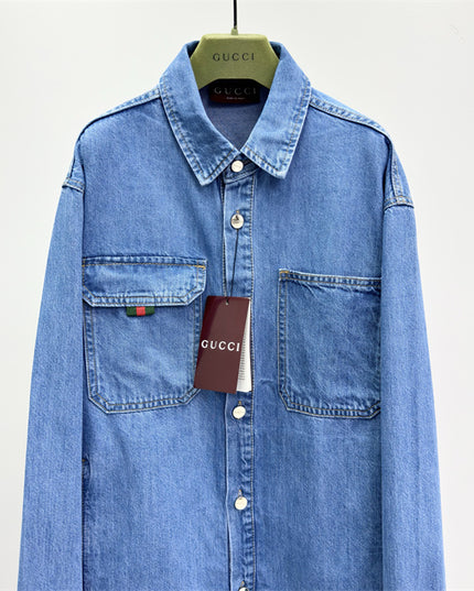 Gucci Relaxed Fit Denim Shirt with Web Loop Jackets (Blue)
