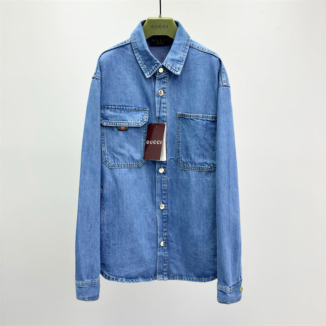 Gucci Relaxed Fit Denim Shirt with Web Loop Jackets (Blue)
