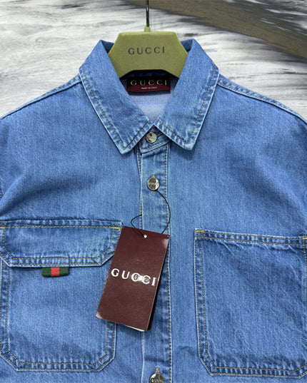 Gucci Relaxed Fit Denim Shirt with Web Loop Jackets (Blue)
