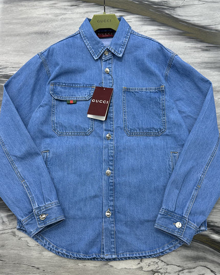 Gucci Relaxed Fit Denim Shirt with Web Loop Jackets (Blue)