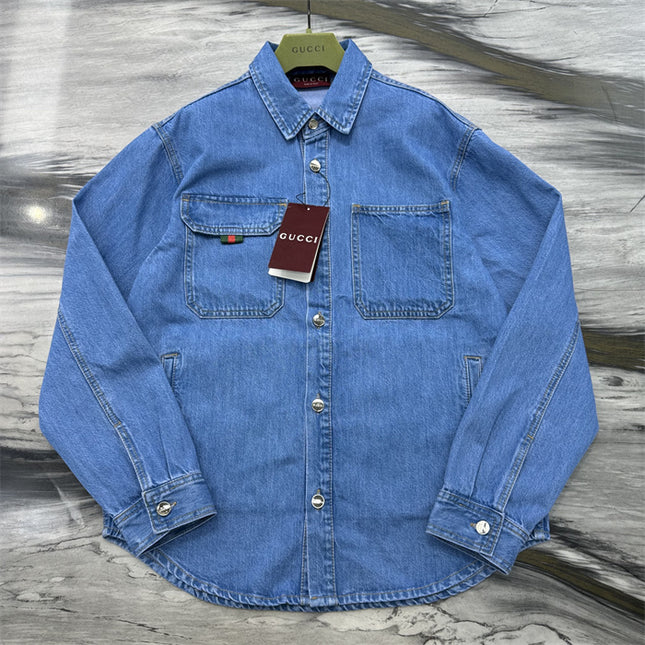 Gucci Relaxed Fit Denim Shirt with Web Loop Jackets (Blue)