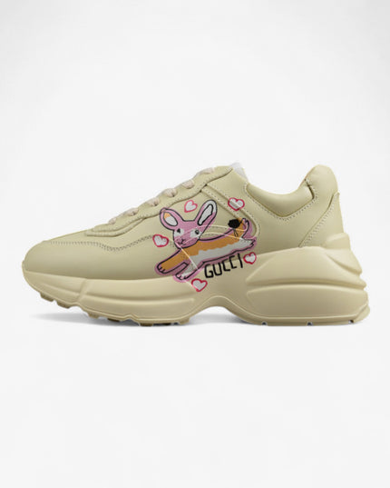 Gucci Rhyton Cream Sneaker with Pink Bunny and Heart Print