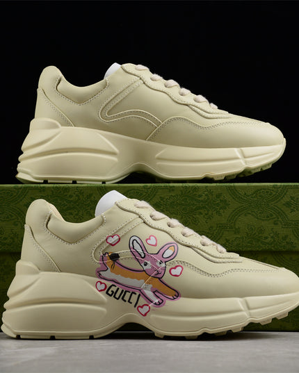 Gucci Rhyton Cream Sneaker with Pink Bunny and Heart Print