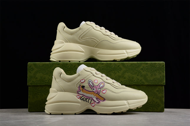 Gucci Rhyton Cream Sneaker with Pink Bunny and Heart Print