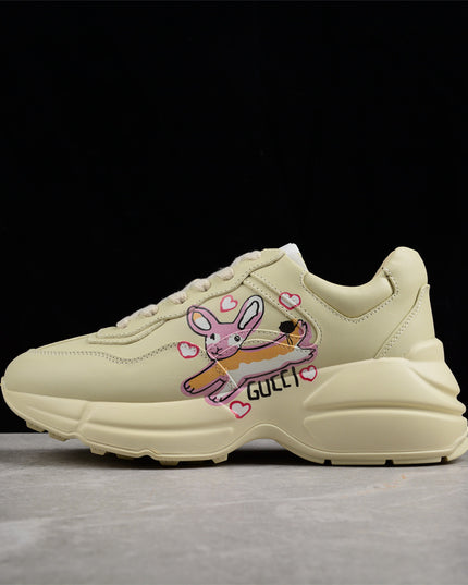 Gucci Rhyton Cream Sneaker with Pink Bunny and Heart Print