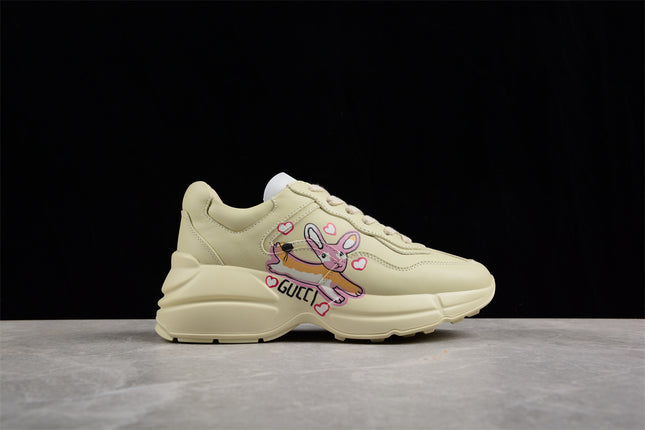 Gucci Rhyton Cream Sneaker with Pink Bunny and Heart Print